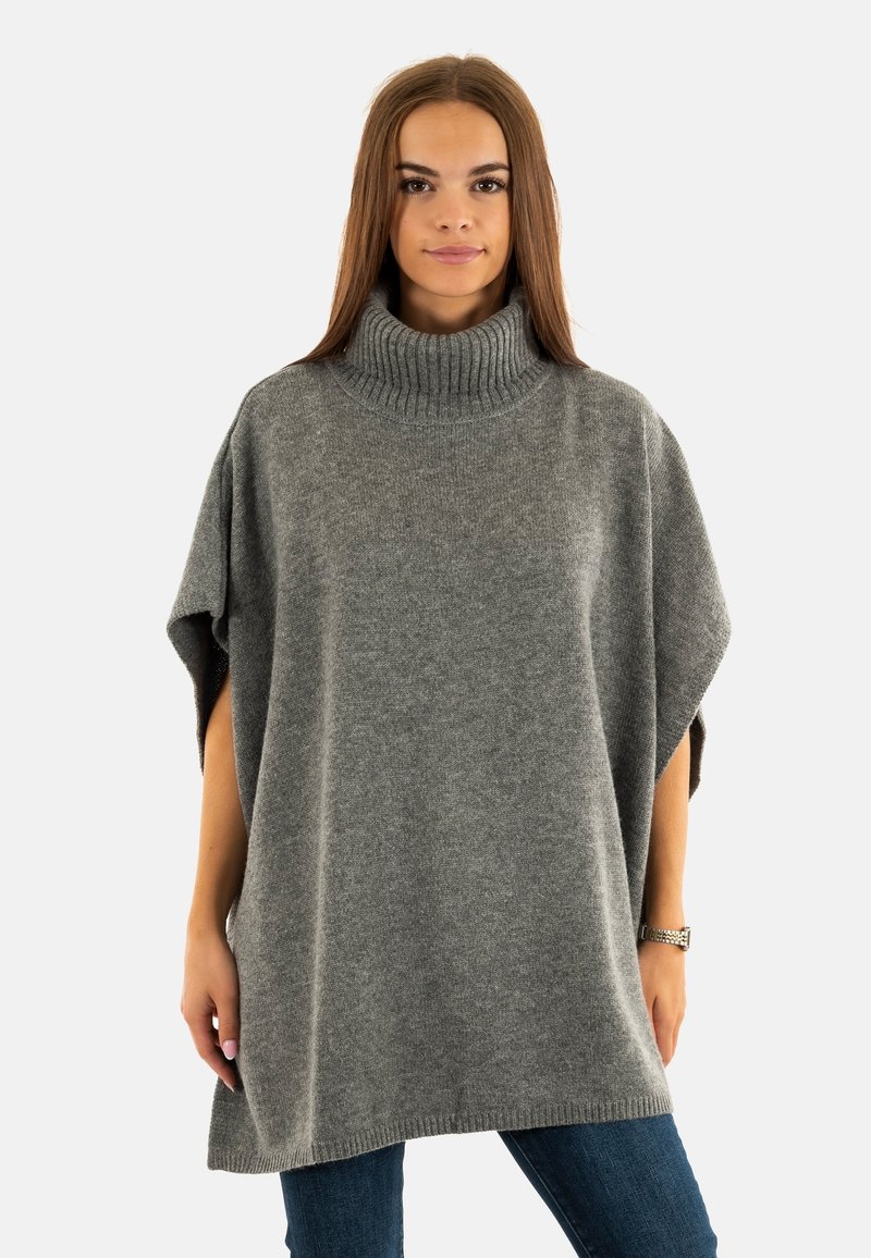 Poncho de punto gris con un alto cuello de canalé, mangas sueltas y tejido texturizado. Presenta un ajuste holgado y un acabado suave.
