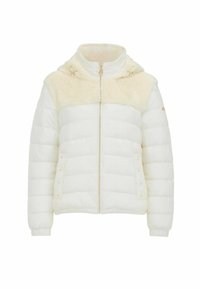 Giacca a vento bianca imbottita con trapuntatura orizzontale, pannello in pelliccia sintetica crema sulle spalle, zip frontale, cappuccio e tasche anteriori con bottone a pressione.