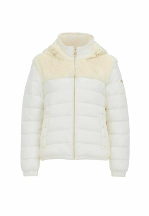 Giacca a vento bianca imbottita con trapuntatura orizzontale, pannello in pelliccia sintetica crema sulle spalle, zip frontale, cappuccio e tasche anteriori con bottone a pressione.