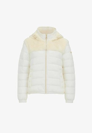 Giacca a vento bianca imbottita con trapuntatura orizzontale, pannello in pelliccia sintetica crema sulle spalle, zip frontale, cappuccio e tasche anteriori con bottone a pressione.