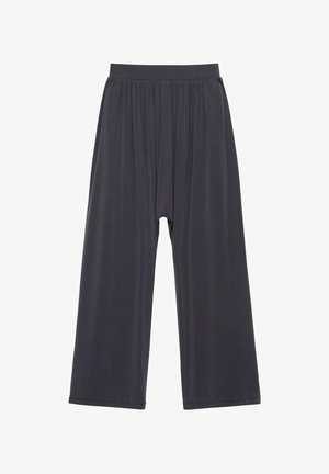 Loszittende donkergrijze broek met wijde pijpen, elastische tailleband met plooien en zachte, vloeiende stof.