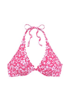 Pink floral halter bikini top with white flower patterns and scalloped edges, tied at the neck.
