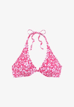Pinkes, geblümtes Neckholder-Bikinioberteil mit weißen Blumenmustern und gewellten Kanten, am Hals zugebunden.