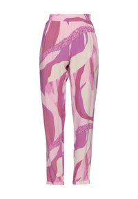 Pantalons roses à motifs présentant des vagues abstraites dans des teintes de rose clair et foncé ; tissu léger avec une taille élastique et une jambe fuselée.