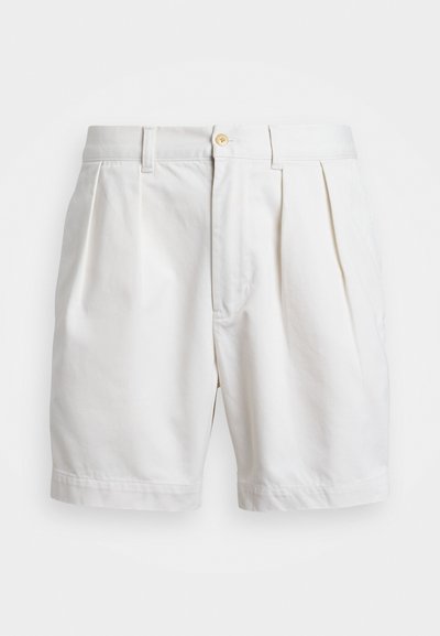 White cotton shorts with a flat front, two pleats, side pockets, and a single button closure. Smooth texture and tailored design.