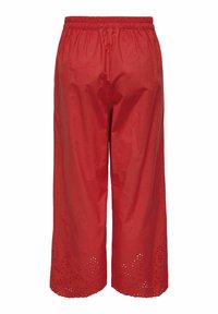 Rode, wijdzittende broek van lichtgewicht stof, met een elastische tailleband en decoratieve uitsnijdingen nabij de zoom.