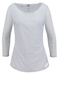 Vaaleansininen pitkähihaisen paita, jossa on pyöreä kaula-aukko, tekstuuri, joustava kangas ja sivuhalkiot helmassa.