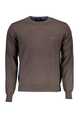 Maglione marrone lavorato a maglia con maniche lunghe, scollo tondo e un piccolo logo di un cane blu sul petto. Dettaglio a coste sui polsini e sull'orlo.