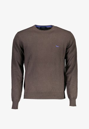 Maglione marrone lavorato a maglia con maniche lunghe, scollo tondo e un piccolo logo di un cane blu sul petto. Dettaglio a coste sui polsini e sull'orlo.