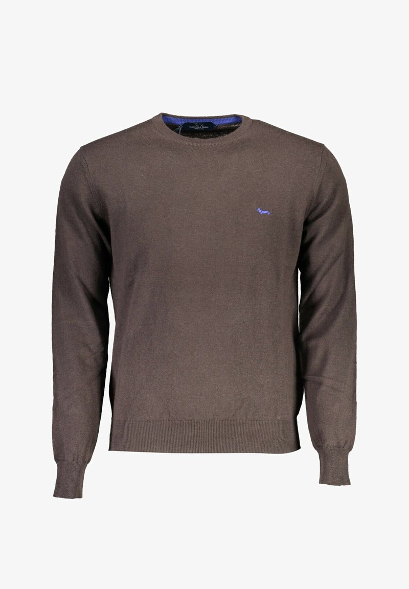 Maglione marrone lavorato a maglia con maniche lunghe, scollo tondo e un piccolo logo di un cane blu sul petto. Dettaglio a coste sui polsini e sull'orlo.