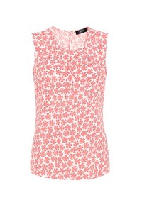 Sleeveless top in pink and white with a floral pattern. Features a round neckline and pleats at the front for added texture.