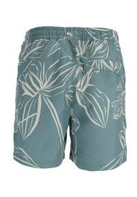 Short de bain bleu sarcelle avec taille élastique et imprimé de feuilles tropicales blanches, avec une poche arrière.