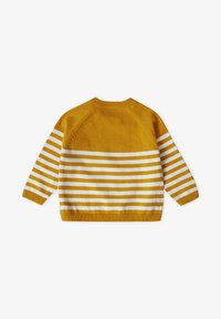 Gelb-weiß gestreifter Pullover, gestrickter Stoff, runder Ausschnitt, lange Ärmel, Raglanstil, Bund und Ärmelbündchen in einheitlichem Gelb.