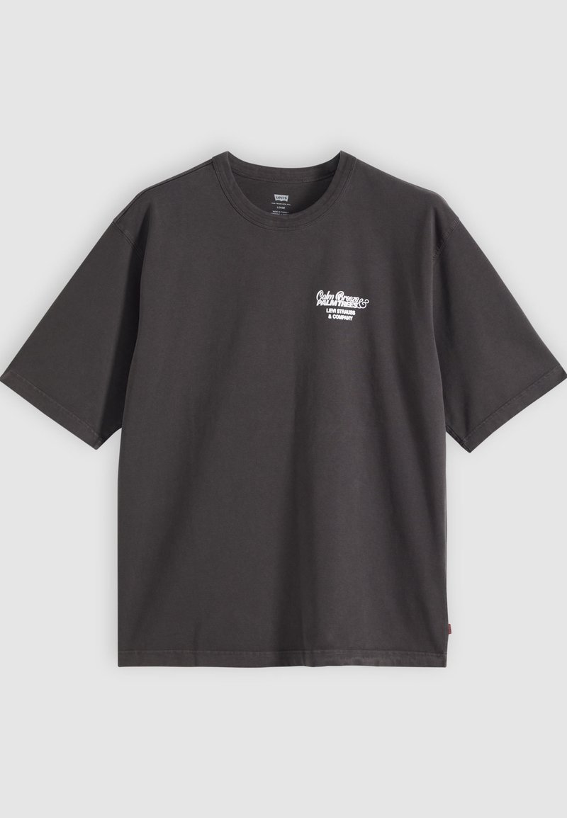 Dark gray short-sleeve t-shirt with small white lettering on upper left chest, round neckline, and relaxed fit.