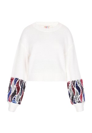 Witte cropped trui van zacht materiaal, met lange mouwen en gedurfde, golfpatroon paillettenaccenten in rood, blauw en zwart.