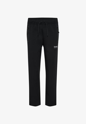 Pantalons de survêtement noirs en tissu mélangé de coton, dotés d'une taille à cordon de serrage, de poches latérales zippées et d'un petit logo sur la cuisse gauche.