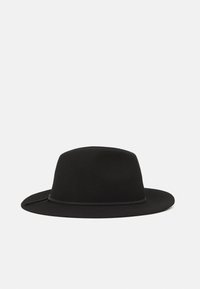 Black felt hat with a wide brim, structured crown, and a thin black band around the base, featuring a side slit detail.