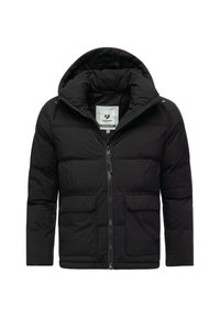 Giacca nera imbottita con cappuccio, dotata di chiusura con zip, due tasche frontali e un'etichetta all'interno. Materiale liscio con una texture trapuntata.