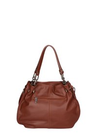 Sac à main en cuir marron avec deux poignées courtes et garnitures en métal. Dispose de détails cousus et d'une poche zippée à l'avant pour le rangement.