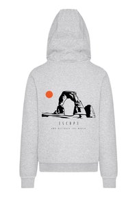 Grey hoodie with a graphic design featuring an arch shape and a red circle, text reading "ESCAPE" below, with ribbed cuffs and hem.