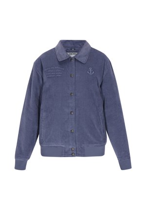 Blauwe corduroy jas met knoopsluiting, kraag, zijzakken, geborduurde anker op de borst en subtiele tekstdetails aan de bovenlinkerkant.