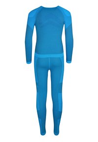 Blue long-sleeve baselayer outfit with matching leggings. Features textured panels and ribbed cuffs, made from stretchy, moisture-wicking fabric.