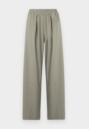 Hoge taille, lichtgrijze wijde broek met elastische tailleband en plooien aan de voorkant.