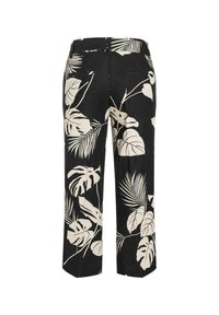 Black linen trousers with large white tropical leaf print, flat waistband, and two back pockets. Straight leg design, cropped length.