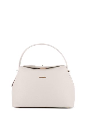 Bolso estructurado de color crema con asa superior, cierre dorado y pequeño logo dorado "Blogger" en la parte frontal.