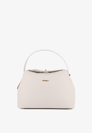 Bolso estructurado de color crema con asa superior, cierre dorado y pequeño logo dorado "Blogger" en la parte frontal.