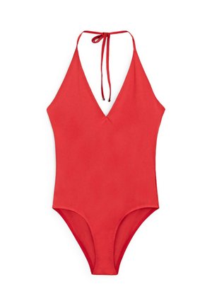Red one-piece swimsuit with deep V-neck and halter neck tie closure, smooth fabric, and moderate leg cut.