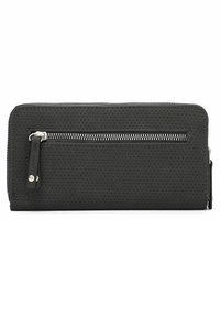 Portafoglio in pelle nera perforata con un compartimento con zip, hardware argentato e superficie texture. Forma rettangolare, design sottile.