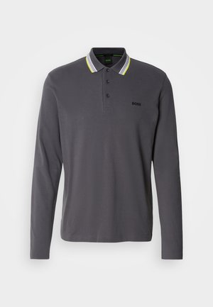 Long-sleeve dark gray polo shirt with a contrasting collar featuring white, gray, and neon yellow stripes. Small embroidered logo on chest.