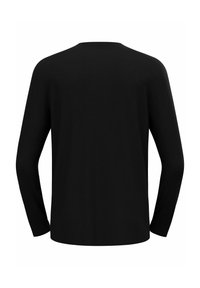 Schwarzes Langarmshirt aus glattem Stoff, mit einem einfachen, runden Ausschnitt und einem lässigen Schnitt ohne zusätzliche Muster oder Details.