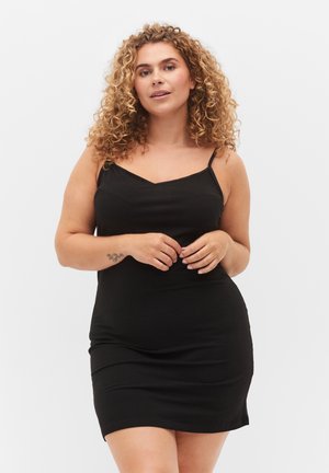 Schwarzes, eng anliegendes Minikleid mit Spaghetti-Trägern und V-Ausschnitt. Glatte Stoffoberfläche in einer einfachen, einfarbigen Ausführung.