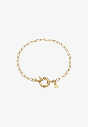Goldkette-Armband mit länglichen Gliedern, einem runden Verschluss mit Kugel und einem kleinen Anhänger. Glatte Oberfläche mit poliertem Finish.