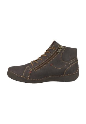 Bottines en cuir marron avec une finition texturée, dotées de lacets et d'une fermeture éclair sur le côté, accentuées de coutures jaunes contrastantes.