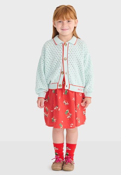 Jeune fille aux cheveux roux portant un cardigan bleu clair, une jupe rouge à motif animalier, des chaussettes rouges assorties et des chaussures marron, debout et souriante.
