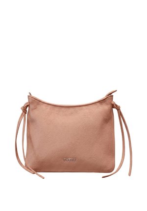 Weiche rosa Leder-Umhängetasche mit verstellbaren seitlichen Riemen und kleinem silbernen Markenzeichen vorne in der Mitte.