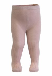 Light pink knitted baby tights with vertical striped pattern. Soft texture with an elastic waistband and closed toes.