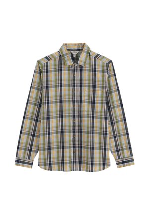 Košeľa s dlhým rukávom zapínaná na gombíky s kockovaným vzorom v zelenej, žltej, čiernej a bielej farbe a jedným náprsným vreckom.