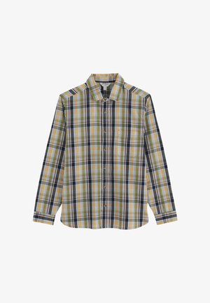 Košeľa s dlhým rukávom zapínaná na gombíky s kockovaným vzorom v zelenej, žltej, čiernej a bielej farbe a jedným náprsným vreckom.