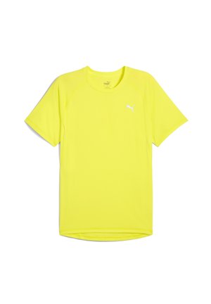 Chemise à manches courtes Puma de couleur jaune vif, fabriquée en tissu léger, dotée d'un col rond et d'un petit logo blanc en haut à gauche.