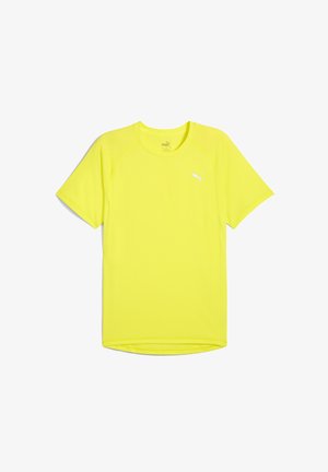 Camiseta de manga corta Puma en un amarillo brillante, hecha de tejido ligero, con un escote redondo y un pequeño logo blanco en la parte superior izquierda.