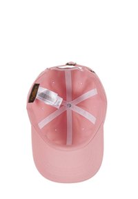 Rosa bomull baseball caps med buet skygge, indre svettebånd og sømdetaljer. Inkluderer et merke og ventilasjonshull.