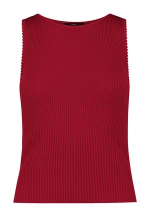 Haut sans manches en maille côtelée rouge profond avec bords festonnés le long des emmanchures et un col rond.