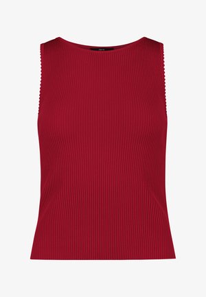 Haut sans manches en maille côtelée rouge profond avec bords festonnés le long des emmanchures et un col rond.