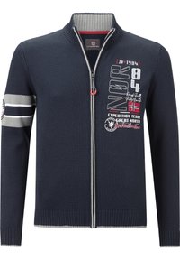 Navy gestrickte Strickjacke mit hohem Kragen, Frontreißverschluss und grauen Akzenten. Verfügt über gedruckte Grafiken auf der Brust und gestreifte Details an den Ärmeln.