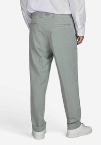 Gestreepte broek in lichtgroen en wit, gemaakt van stof met een gladde textuur, voorzien van twee achterzakken en gedragen met witte sneakers.