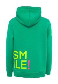 Felpa verde in misto cotone, presenta una grande grafica "SMILE!" in giallo e rosa sulla schiena, con cappuccio regolabile e polsini a costine.